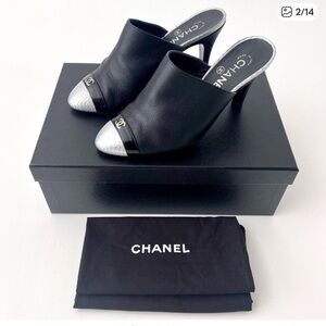 CHANEL Black and Silver Mules
